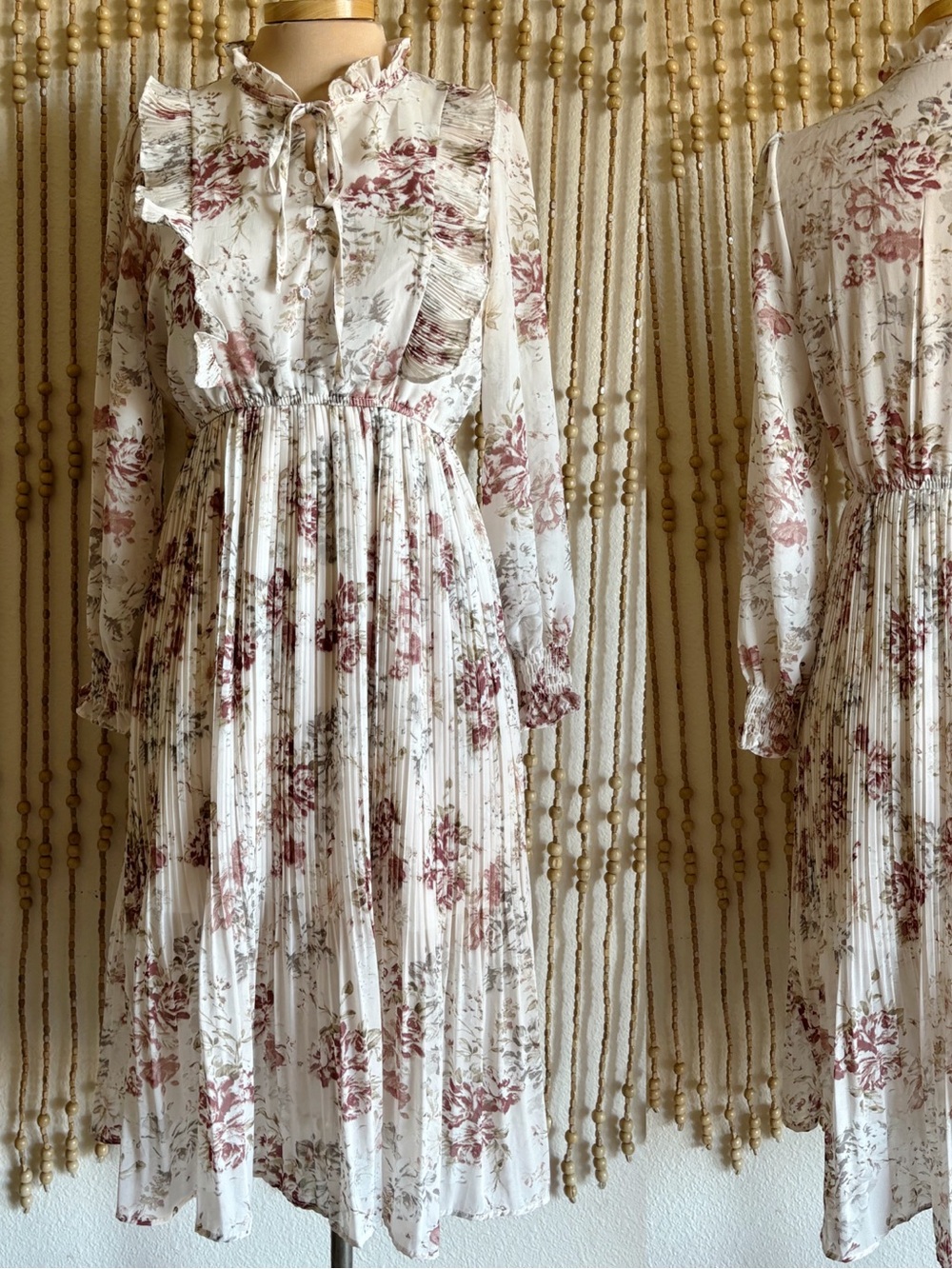 Romantic Vintage Floral Print Pleated Ruffle High Neck Coquette Prairie Dress M